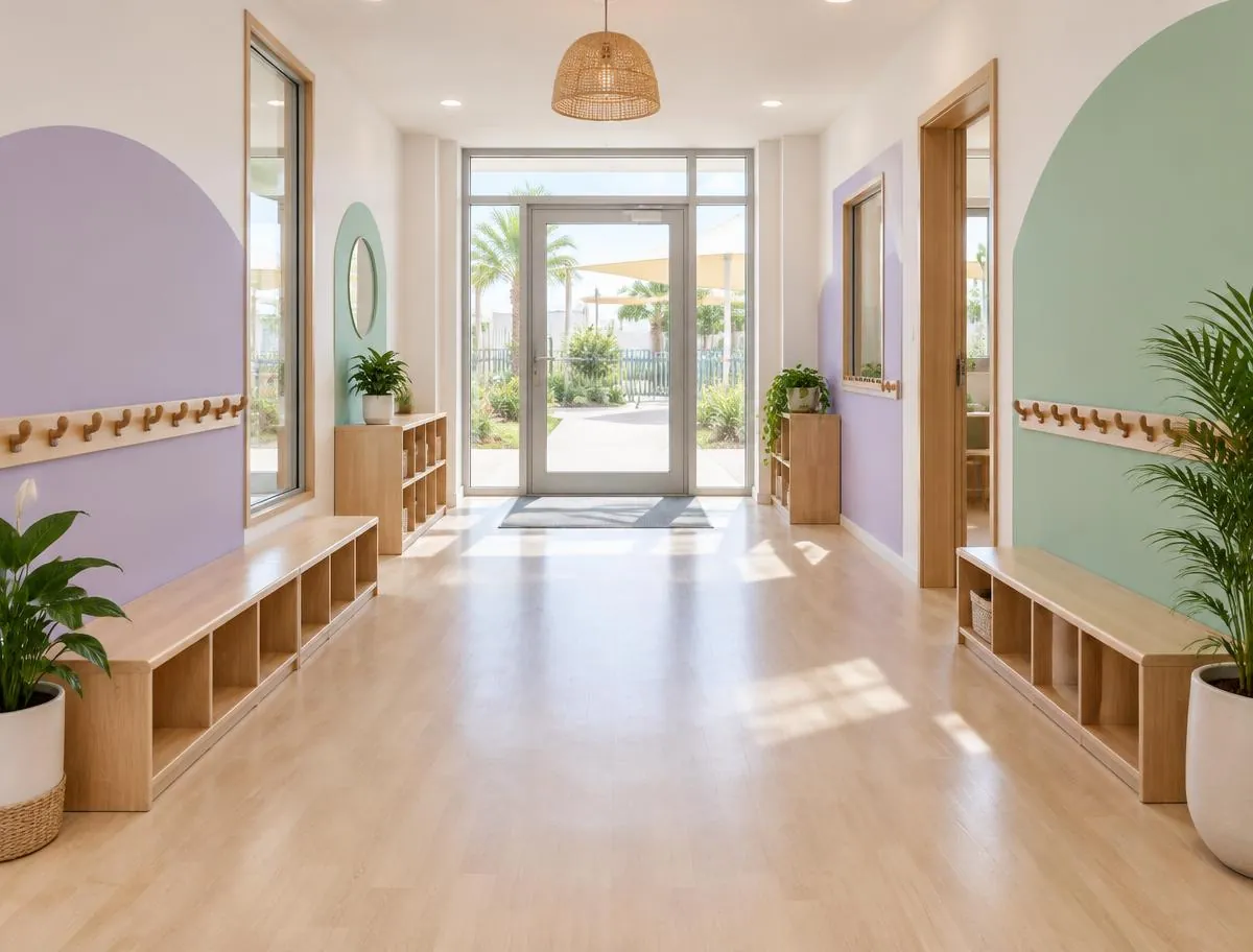 Welcoming nursery entrance hallway with wooden benches, coat hooks and lavender and mint walls