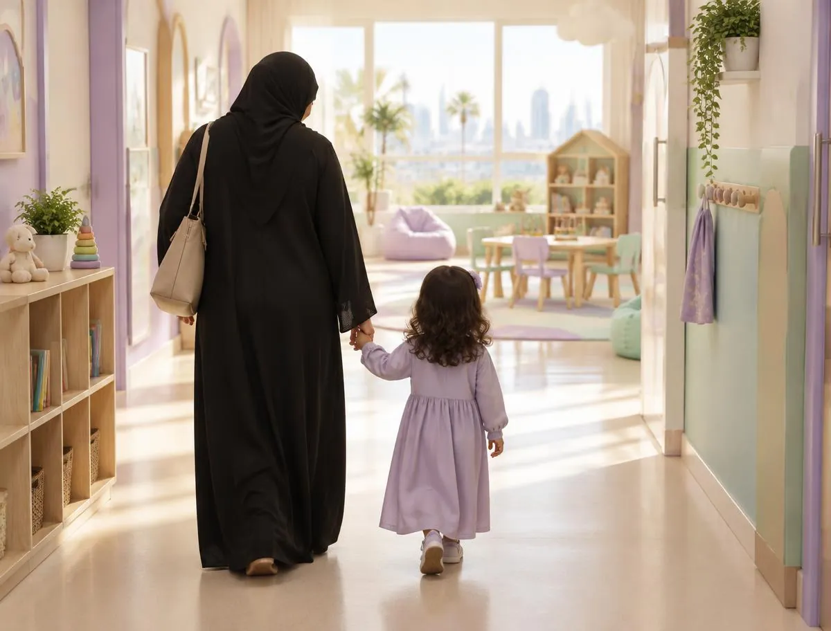 A parent and young child, seen from behind, walking hand in hand along a bright nursery corridor