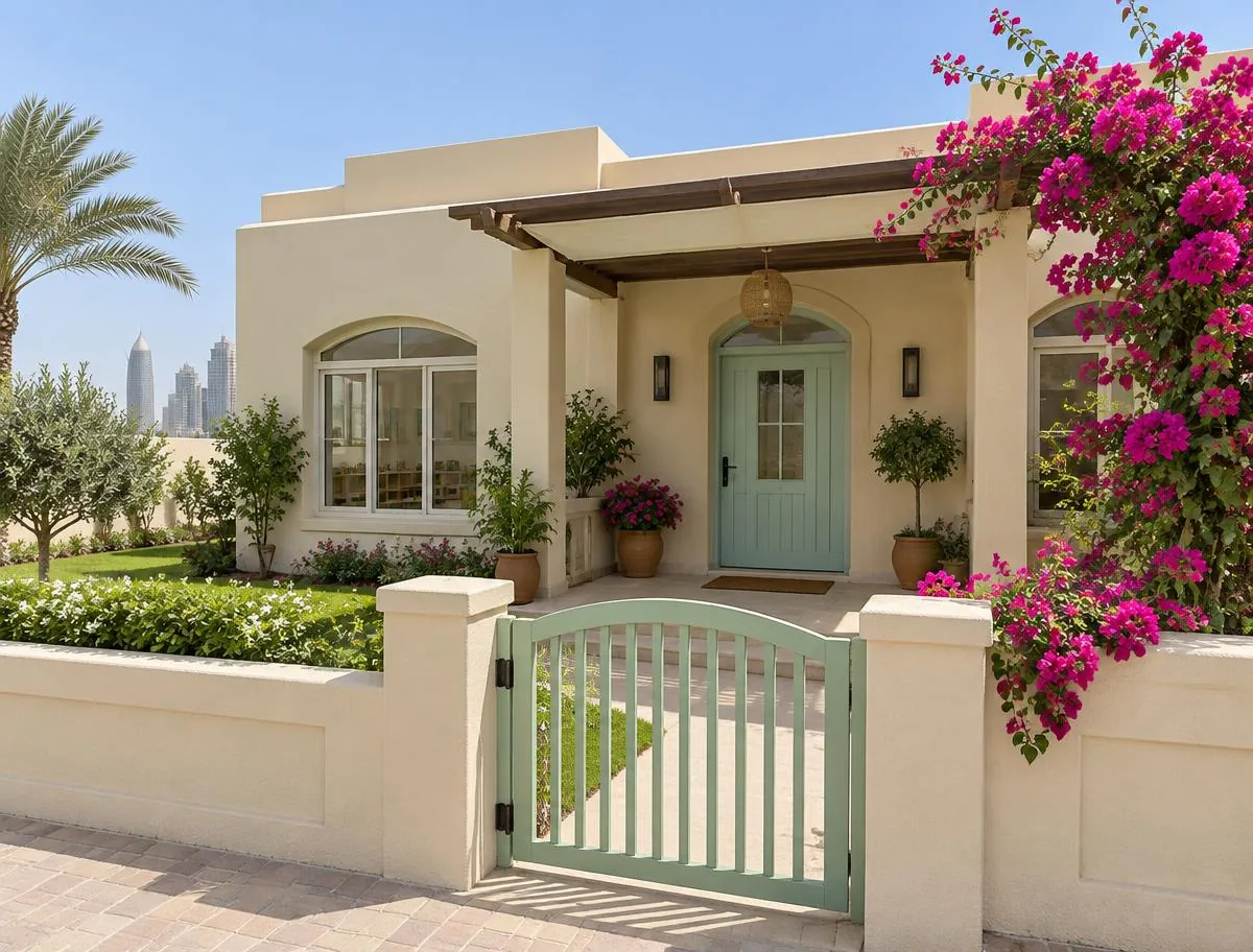 Sunny villa-style nursery entrance with a mint gate, garden and bougainvillea