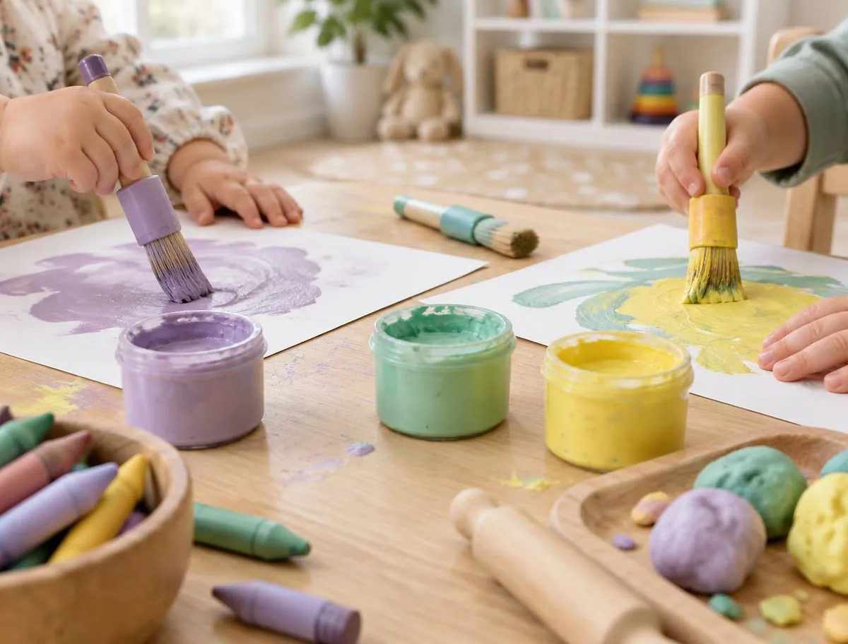 Young children's hands painting with pastel colours at a wooden art table