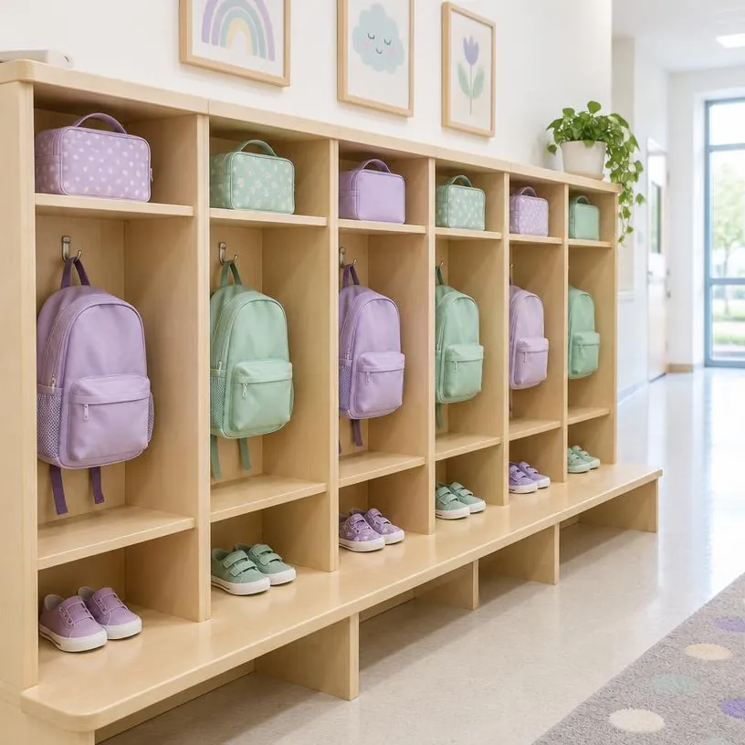 Row of wooden cubbies with children's backpacks, lunch bags and small shoes