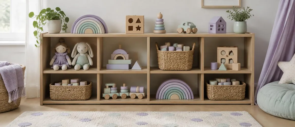 Wooden toy shelf with rainbow stackers, soft dolls and baskets of blocks