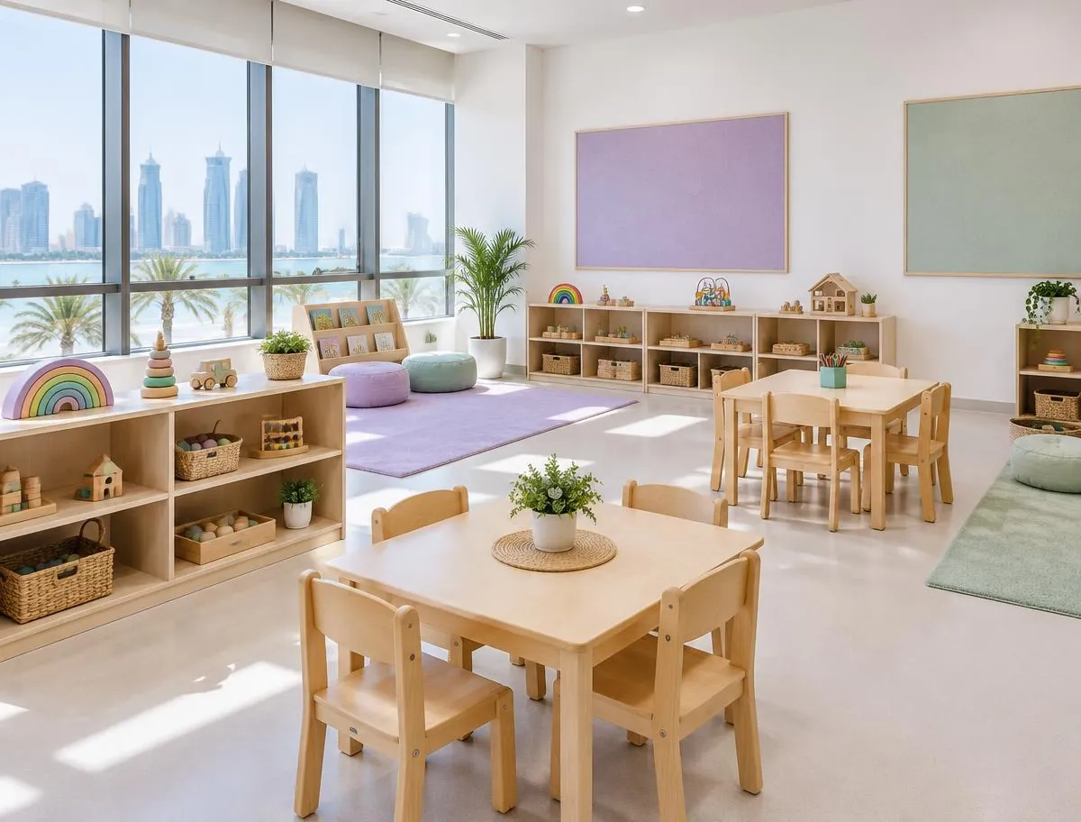 Bright early-years classroom with small wooden tables, chairs and toy shelves