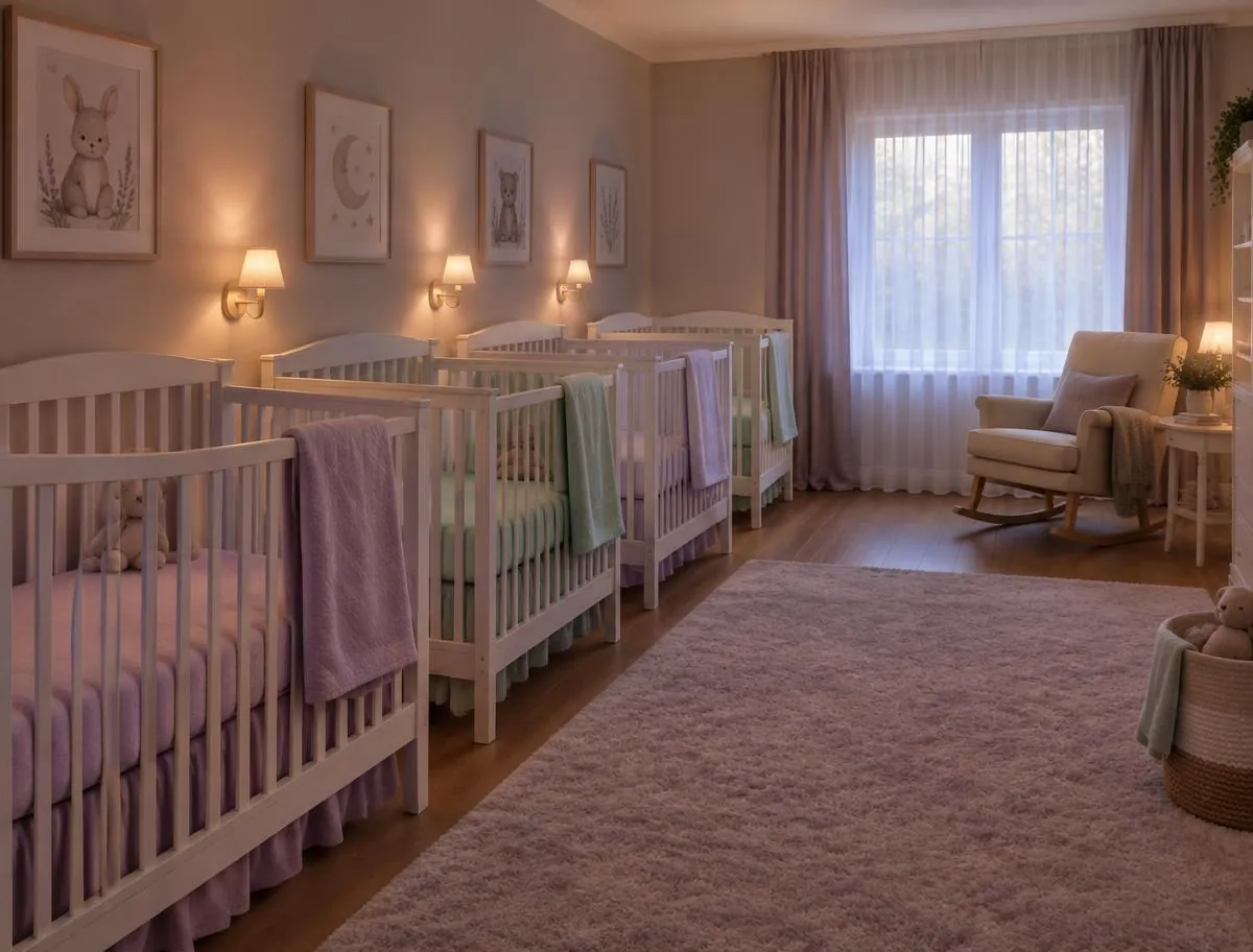 Calm nap room with white cribs, soft pastel bedding and a rocking chair
