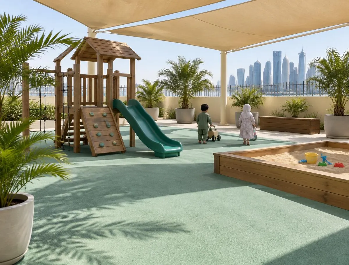 Shaded outdoor play area with a climbing frame, slide and sandpit, with two children seen from behind