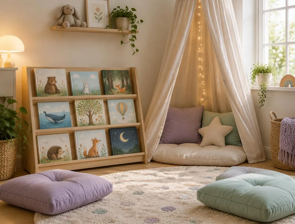 Cosy reading corner with a picture-book shelf, floor cushions and a canopy tent