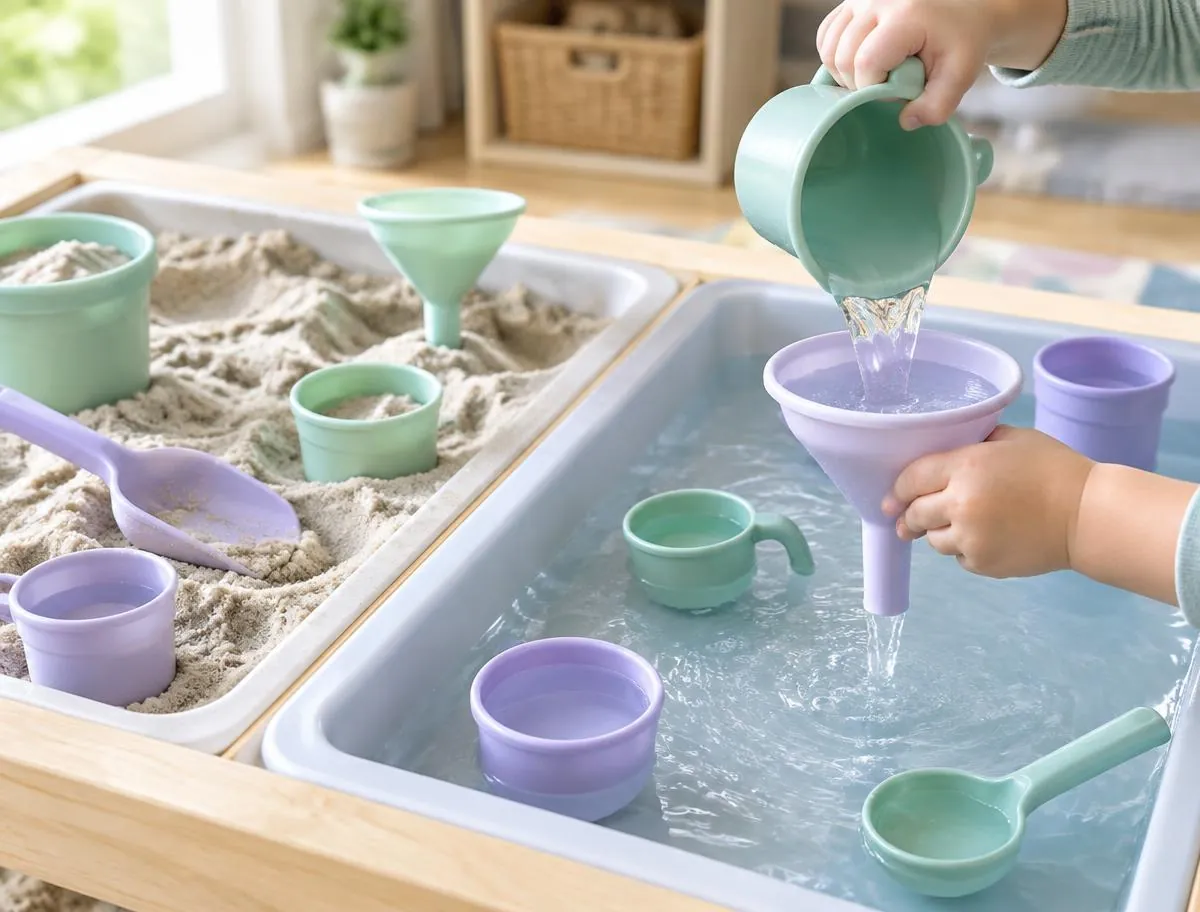 Sensory play trays with sand and water, scoops and funnels, and a child's hands pouring water