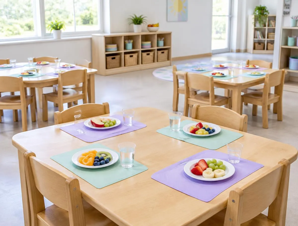 Snack area with child-sized tables, fruit plates and cups of water