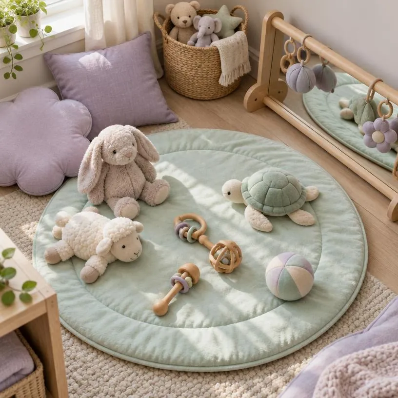Soft baby play mat with plush toys and wooden rattles