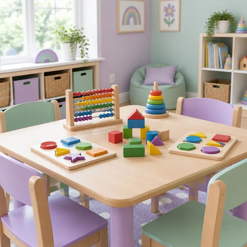 Small learning table with wooden shape puzzles and counting beads