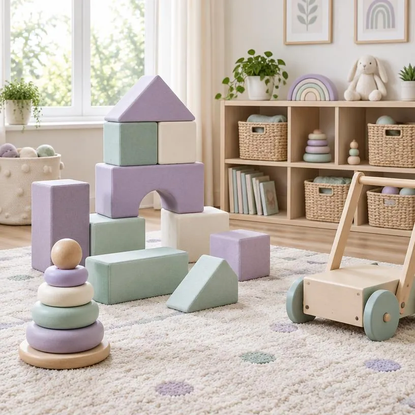Soft foam building blocks and stacking rings in a toddler play area