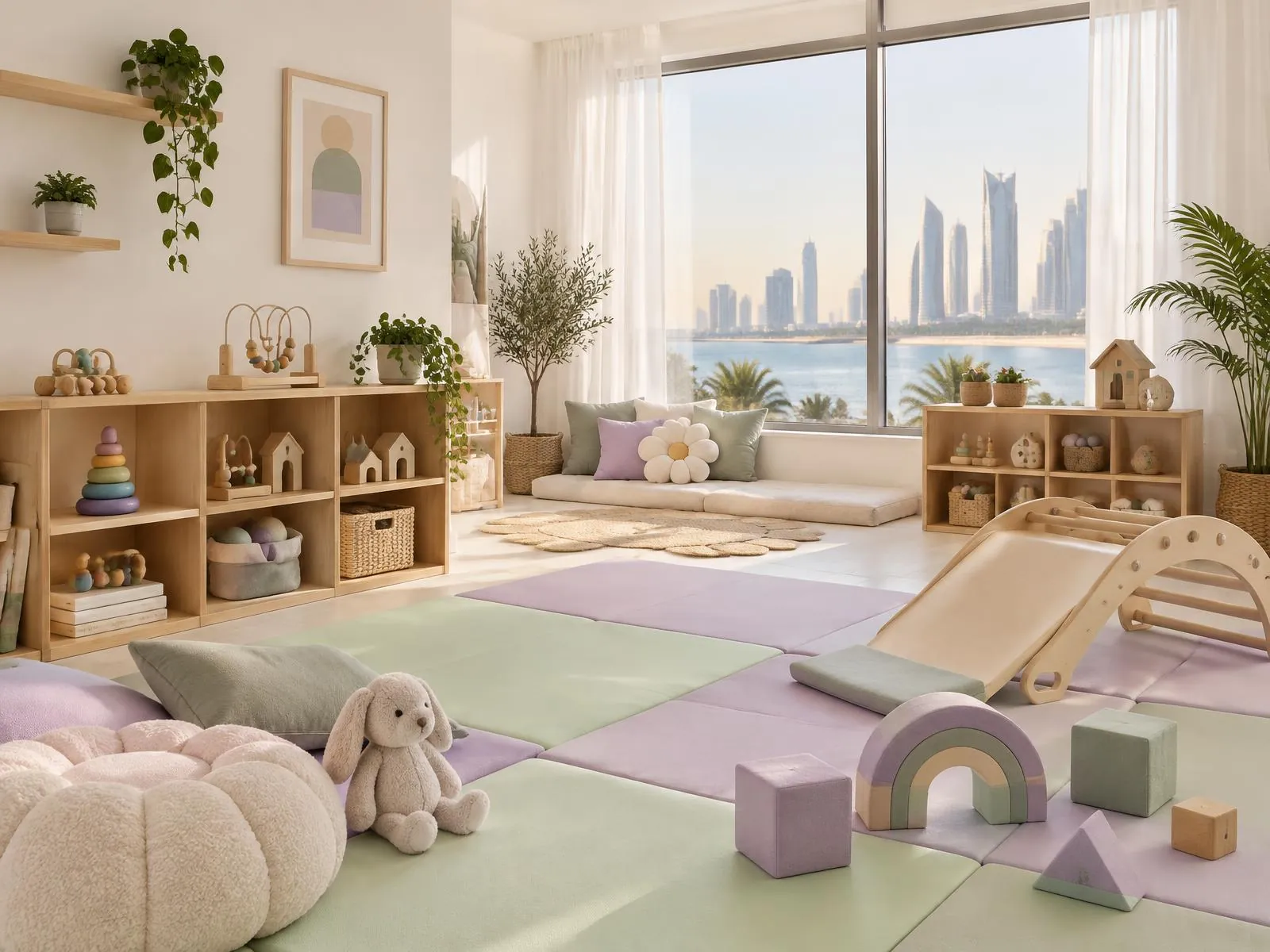 Bright nursery playroom with soft lavender and mint play mats, wooden toy shelves and a large window